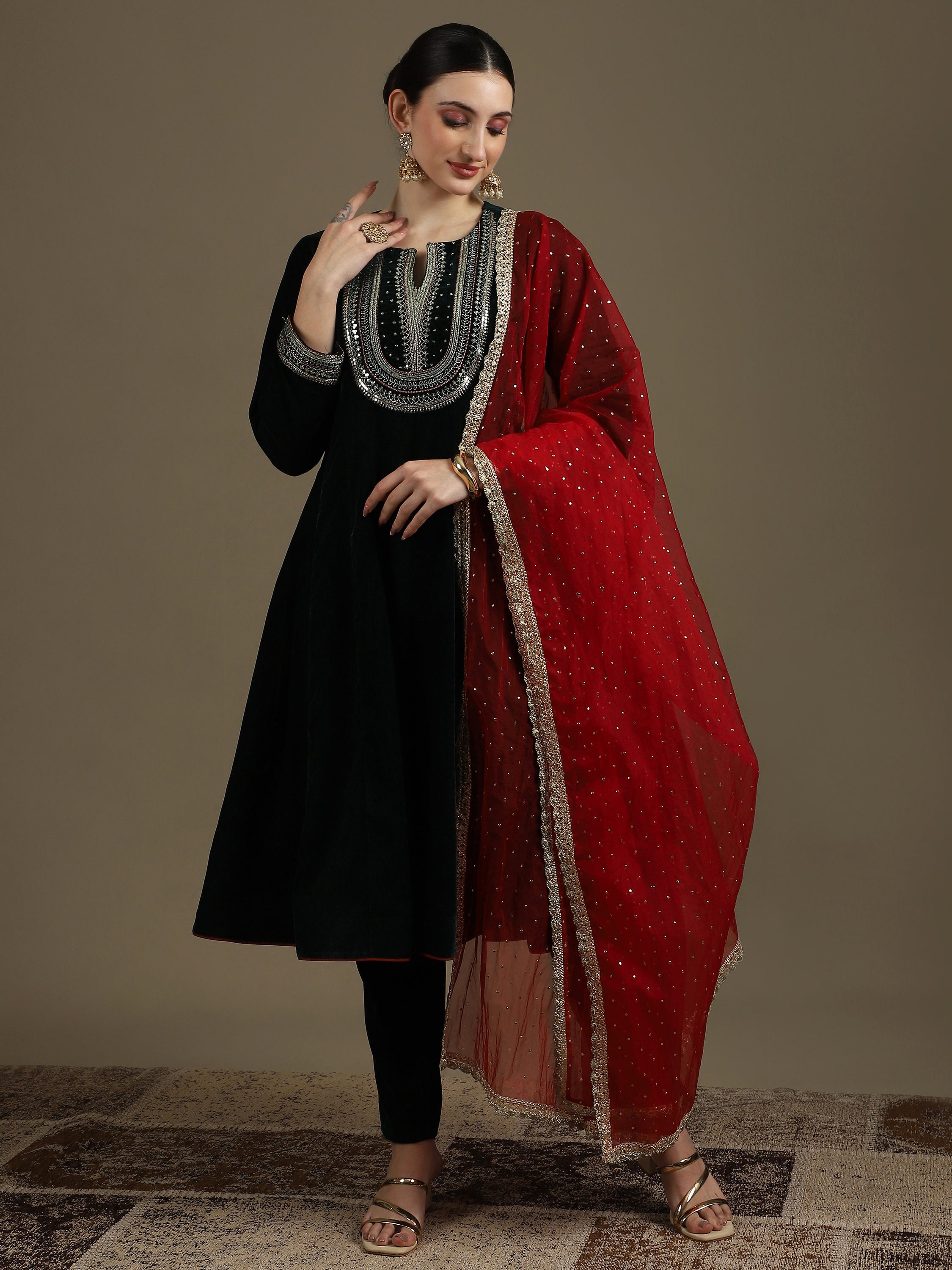 A-Line Bottle Green Micro Velvet Anarkali Set with Dupatta