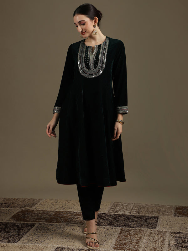 A-Line Bottle Green Micro Velvet Anarkali Set with Dupatta