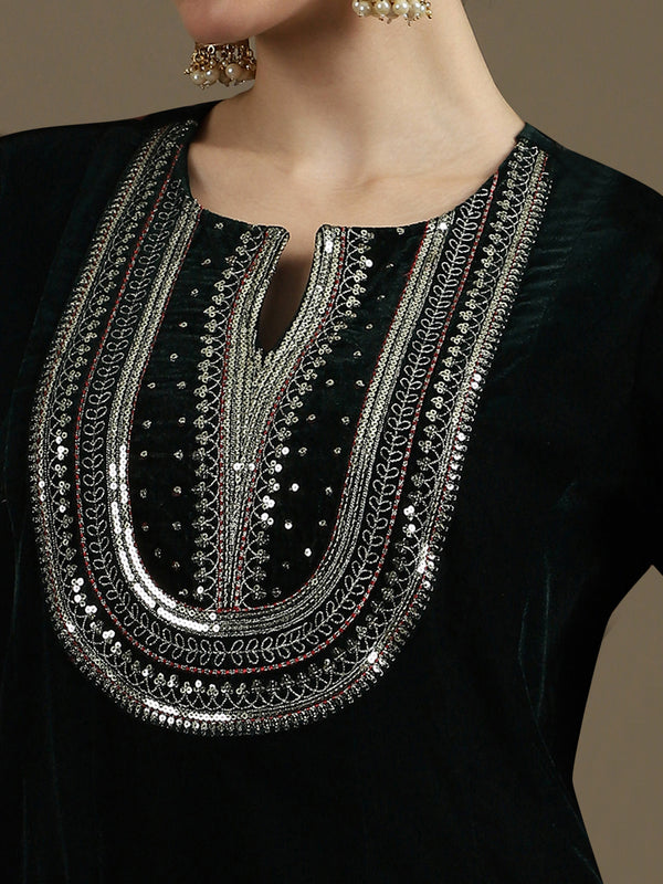 A-Line Bottle Green Micro Velvet Anarkali Set with Dupatta