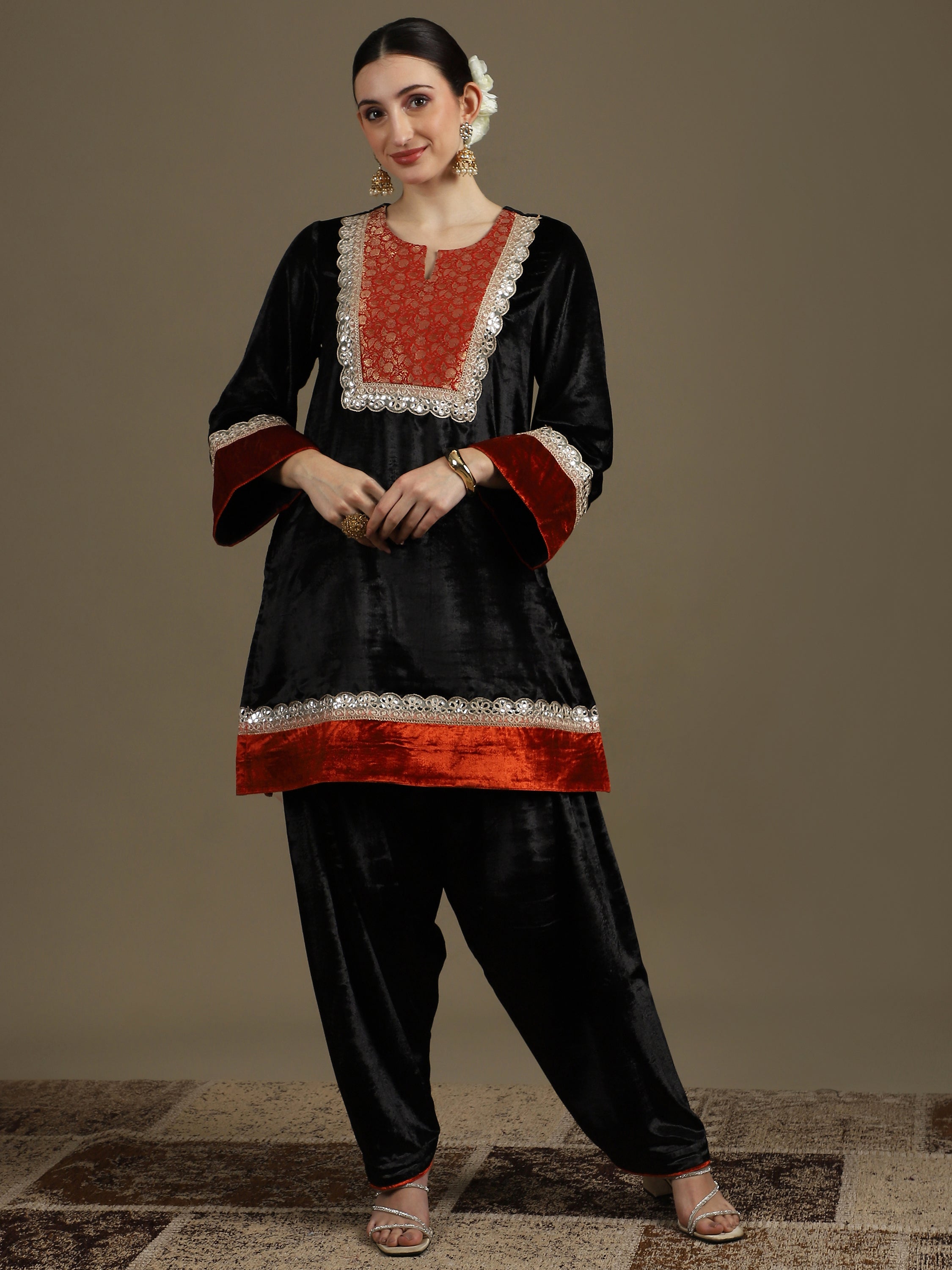 Straight Kurti & Farshi Salwaar Set with Dupatta in Black & Rust Orange