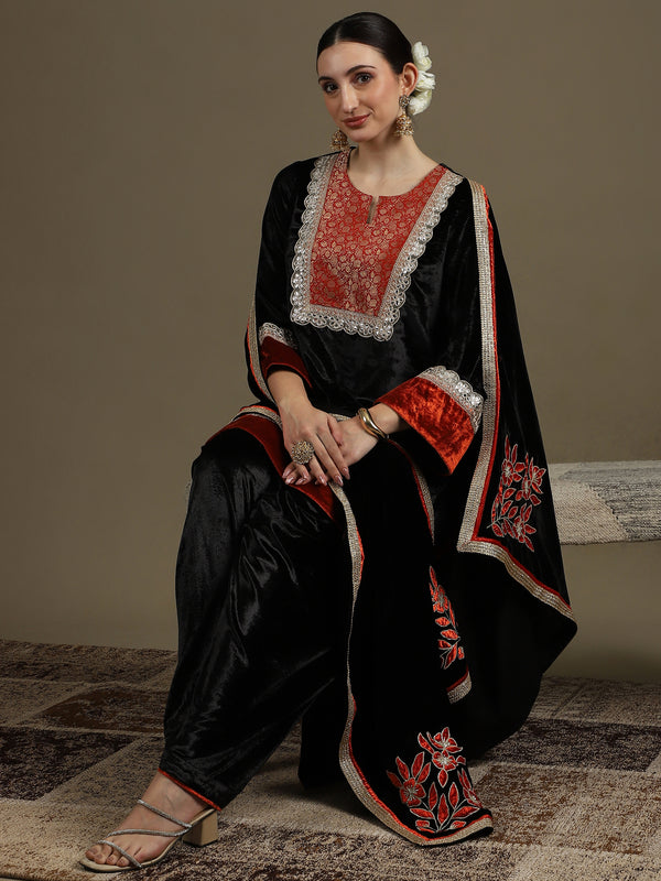 Straight Kurti & Farshi Salwaar Set with Dupatta in Black & Rust Orange