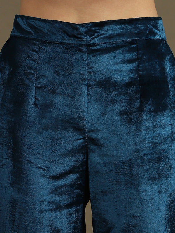 Straight Fit Teal Blue Velvet Kurti Set with Organza Dupatta