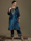 Straight Fit Teal Blue Velvet Kurti Set with Organza Dupatta
