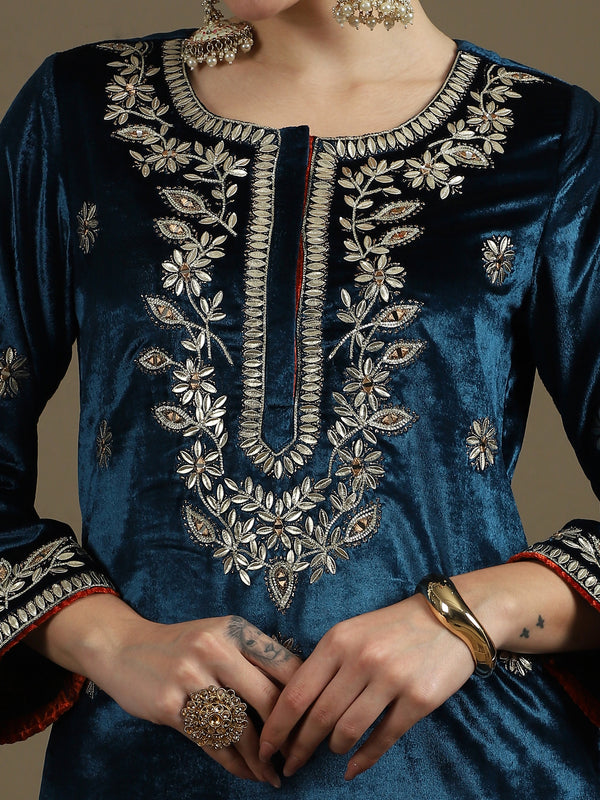 Straight Fit Teal Blue Velvet Kurti Set with Organza Dupatta
