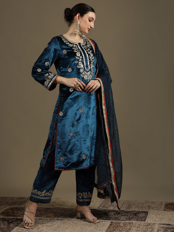 Straight Fit Teal Blue Velvet Kurti Set with Organza Dupatta