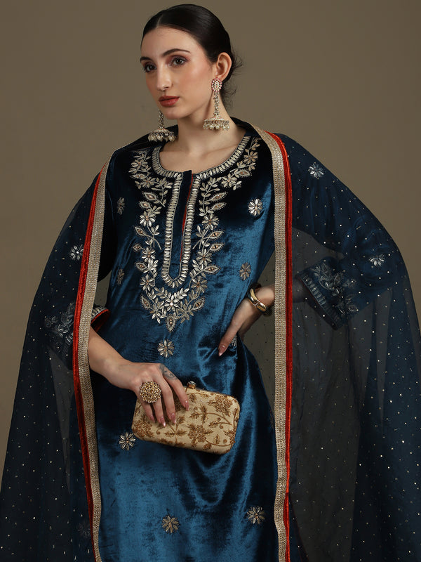 Straight Fit Teal Blue Velvet Kurti Set with Organza Dupatta