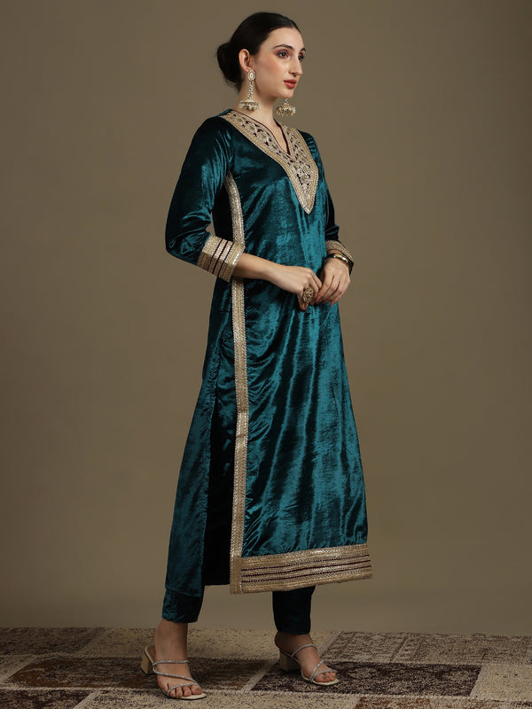 Long Straight Rama Green Velvet Kurti Set (Kaftan Fit)