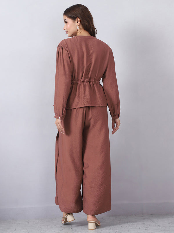 Brown Cord Set with String Detail and Side Slits