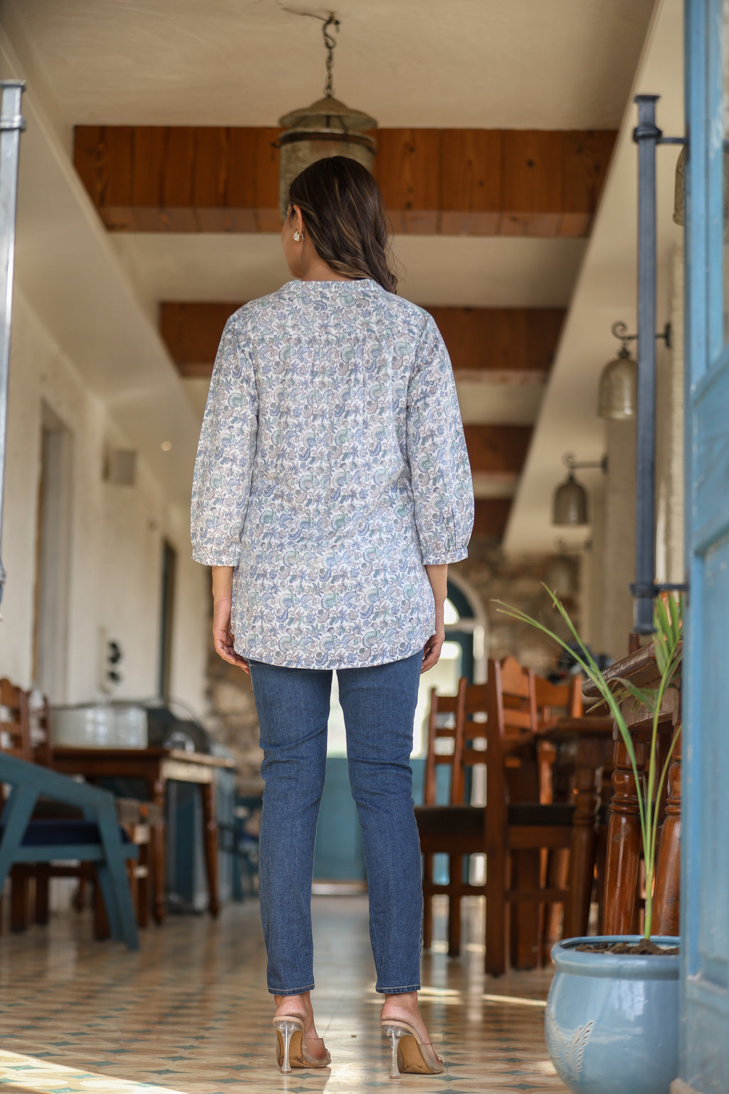 White Multi-Print Top in Natural Rayon