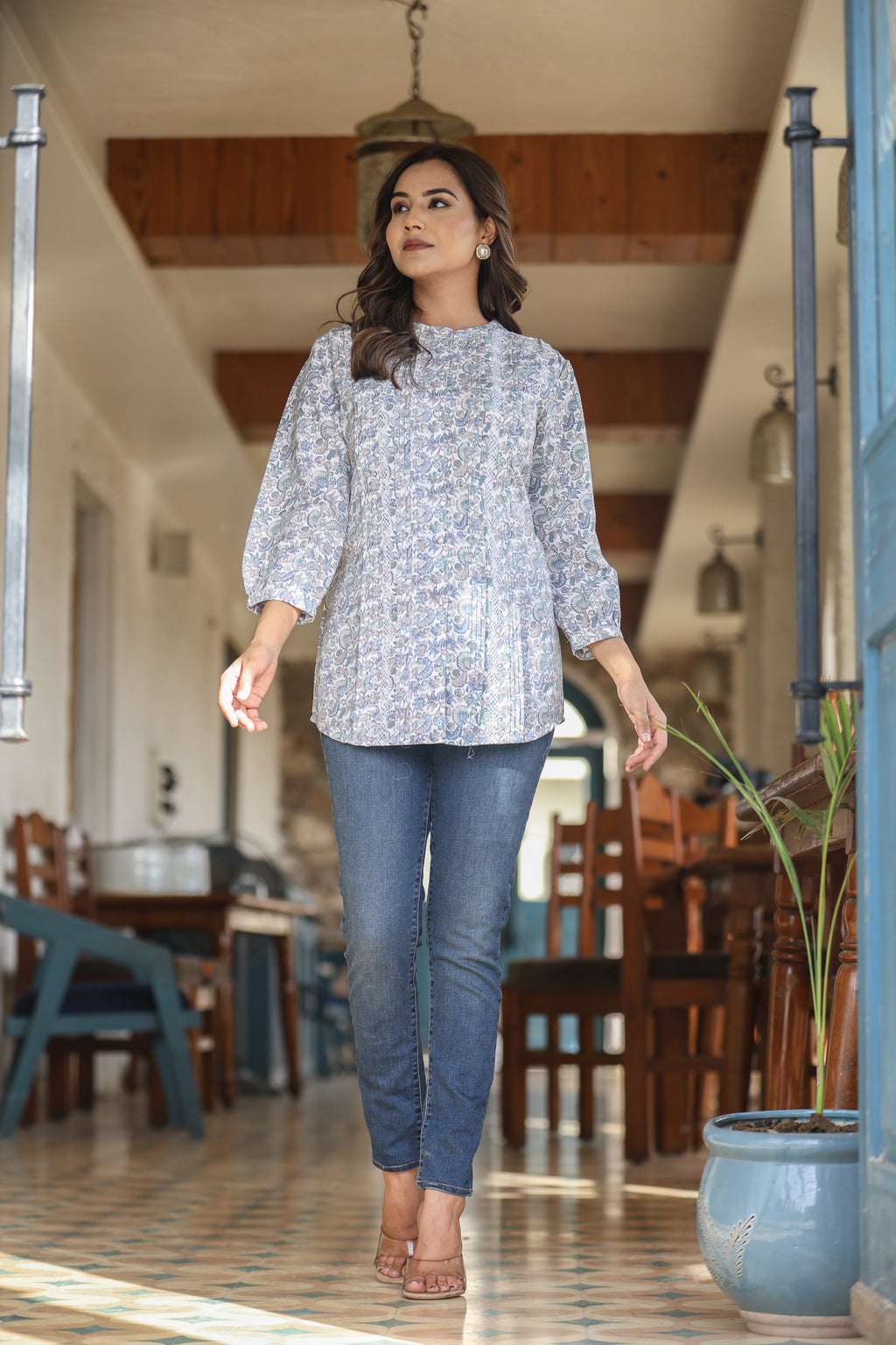 White Multi-Print Top in Natural Rayon