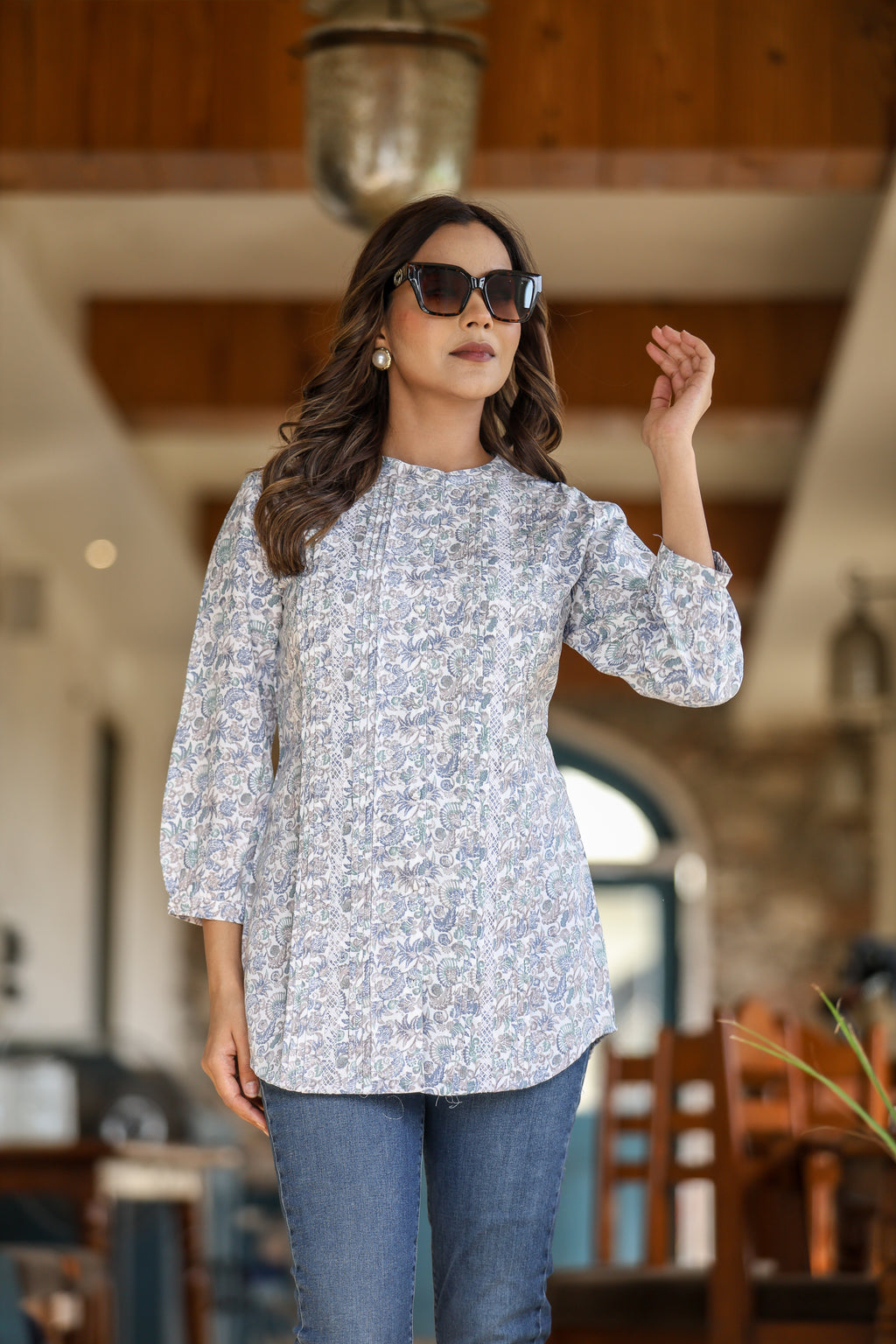 White Multi-Print Top in Natural Rayon