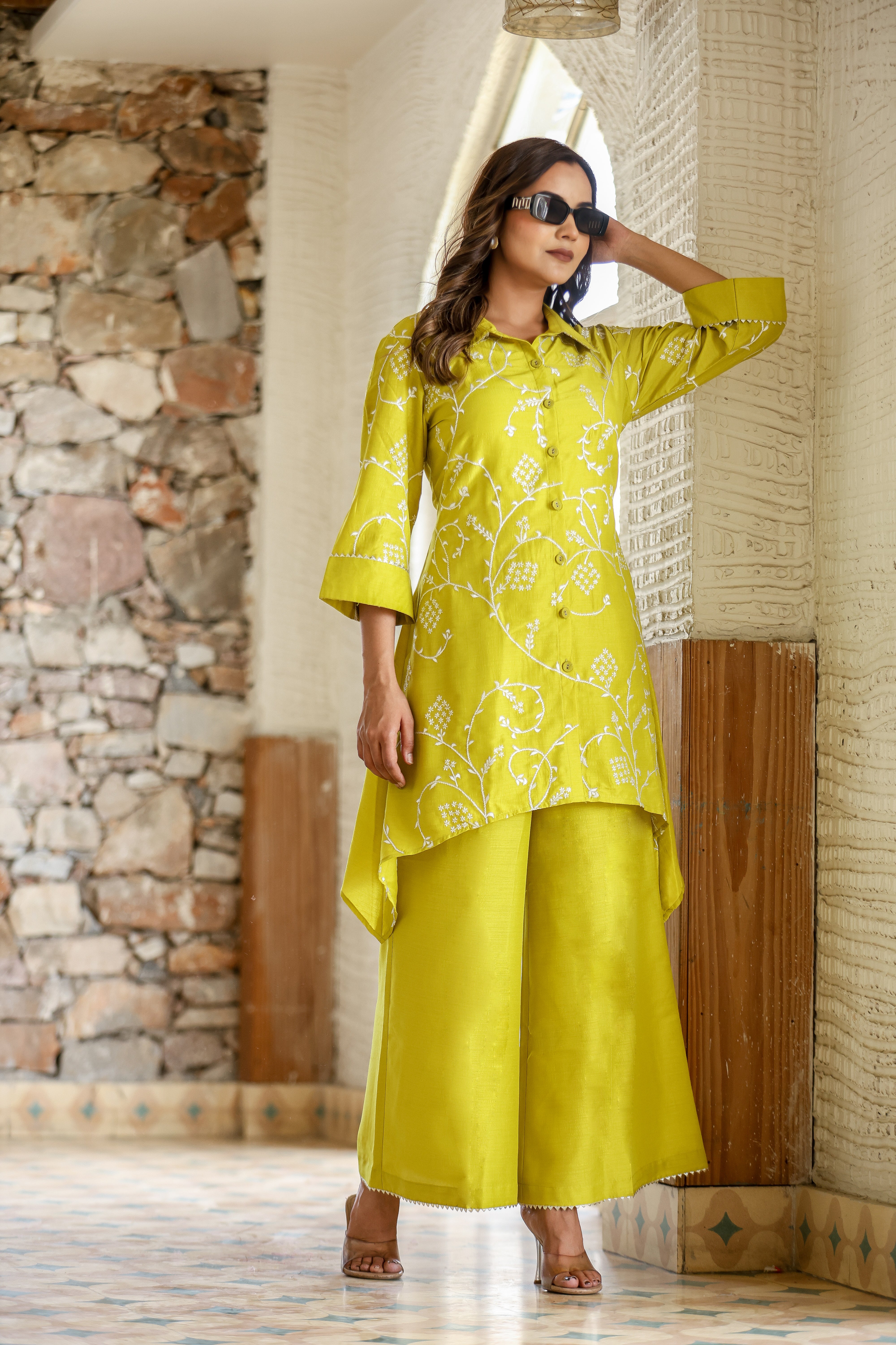 Lime Green Embroidered Coord Set in Viscose Muslin