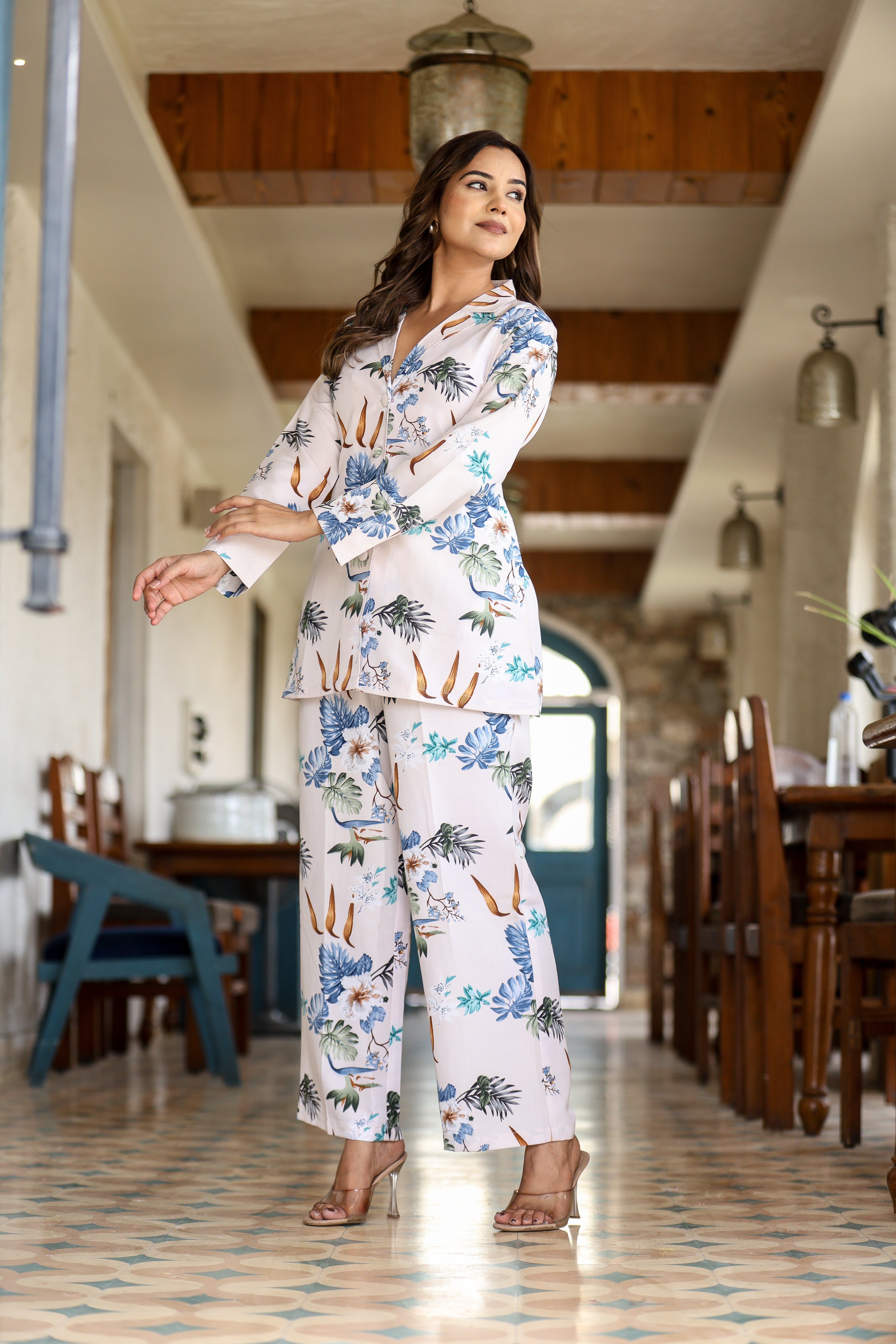 Off-White Multi-Print Coord Set in Natural Rayon