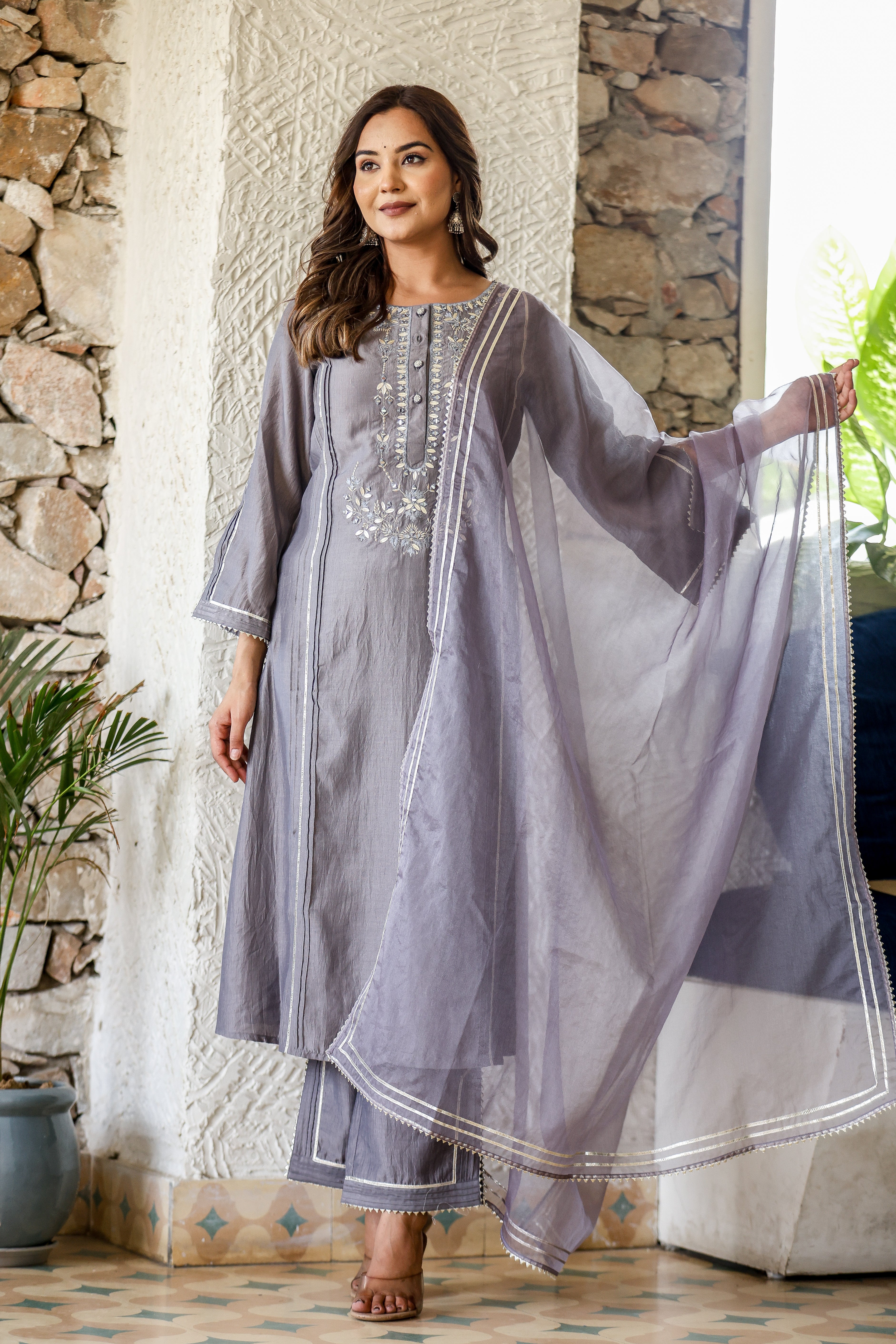 Digital Printed Pintuck Kurta Set in Gazzi Silk