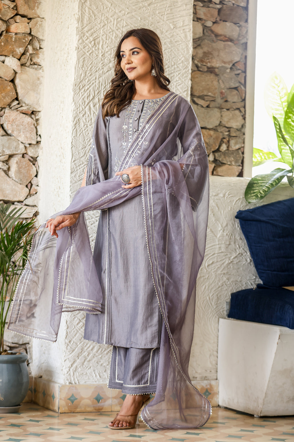 Digital Printed Pintuck Kurta Set in Gazzi Silk