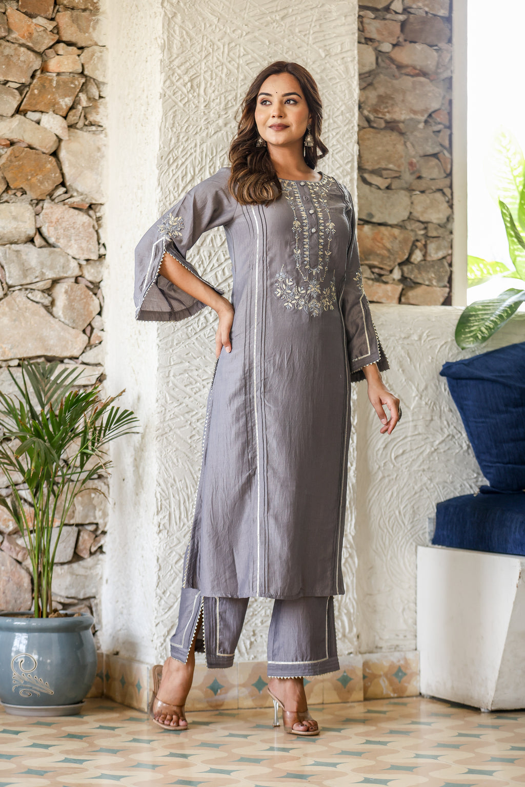 Digital Printed Pintuck Kurta Set in Gazzi Silk