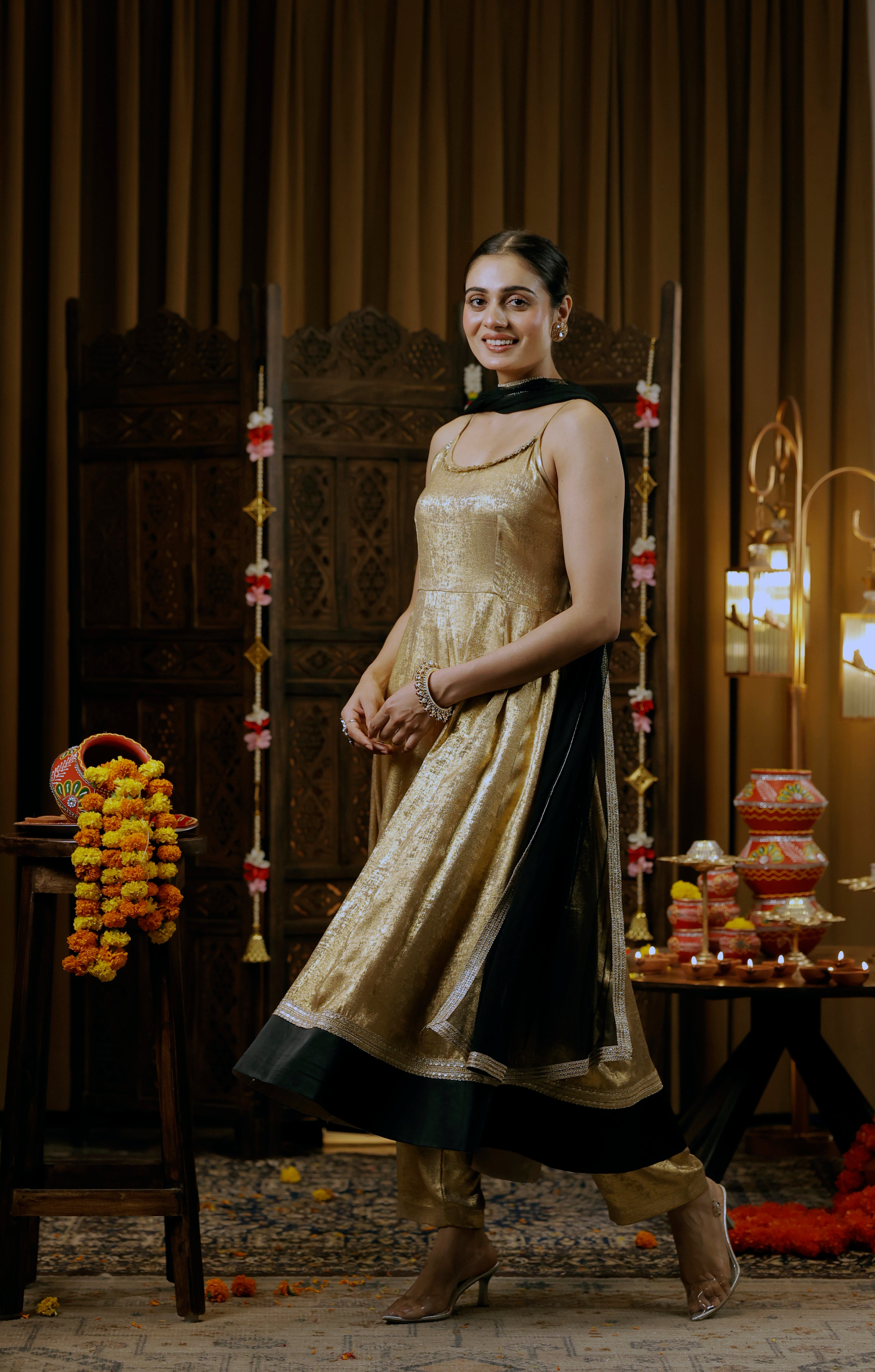 Gold-Foil Nylon Viscose Anarkali 3-Piece Set