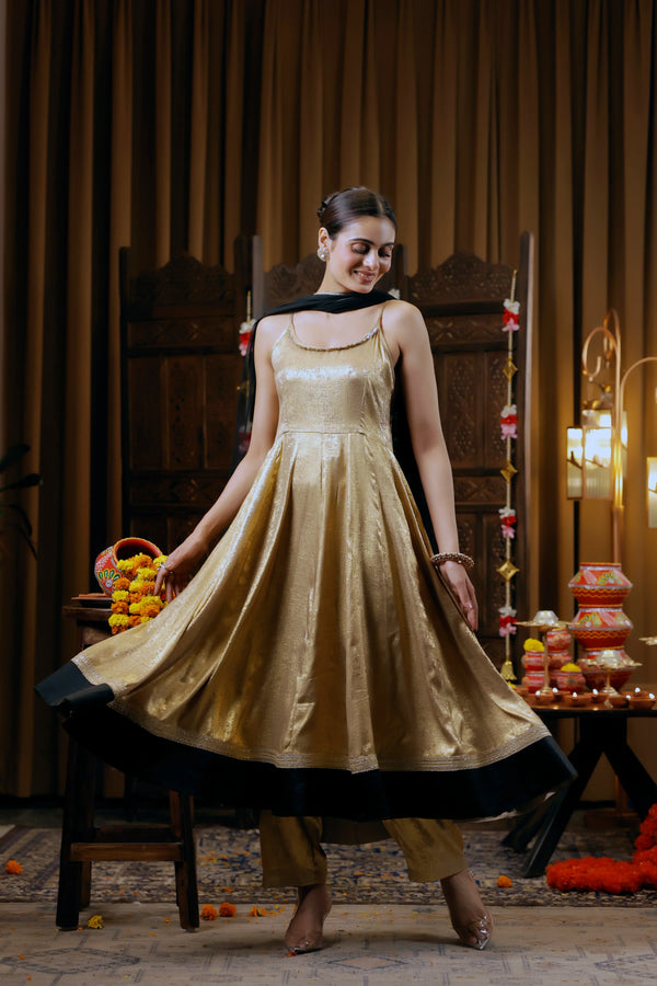 Gold-Foil Nylon Viscose Anarkali 3-Piece Set