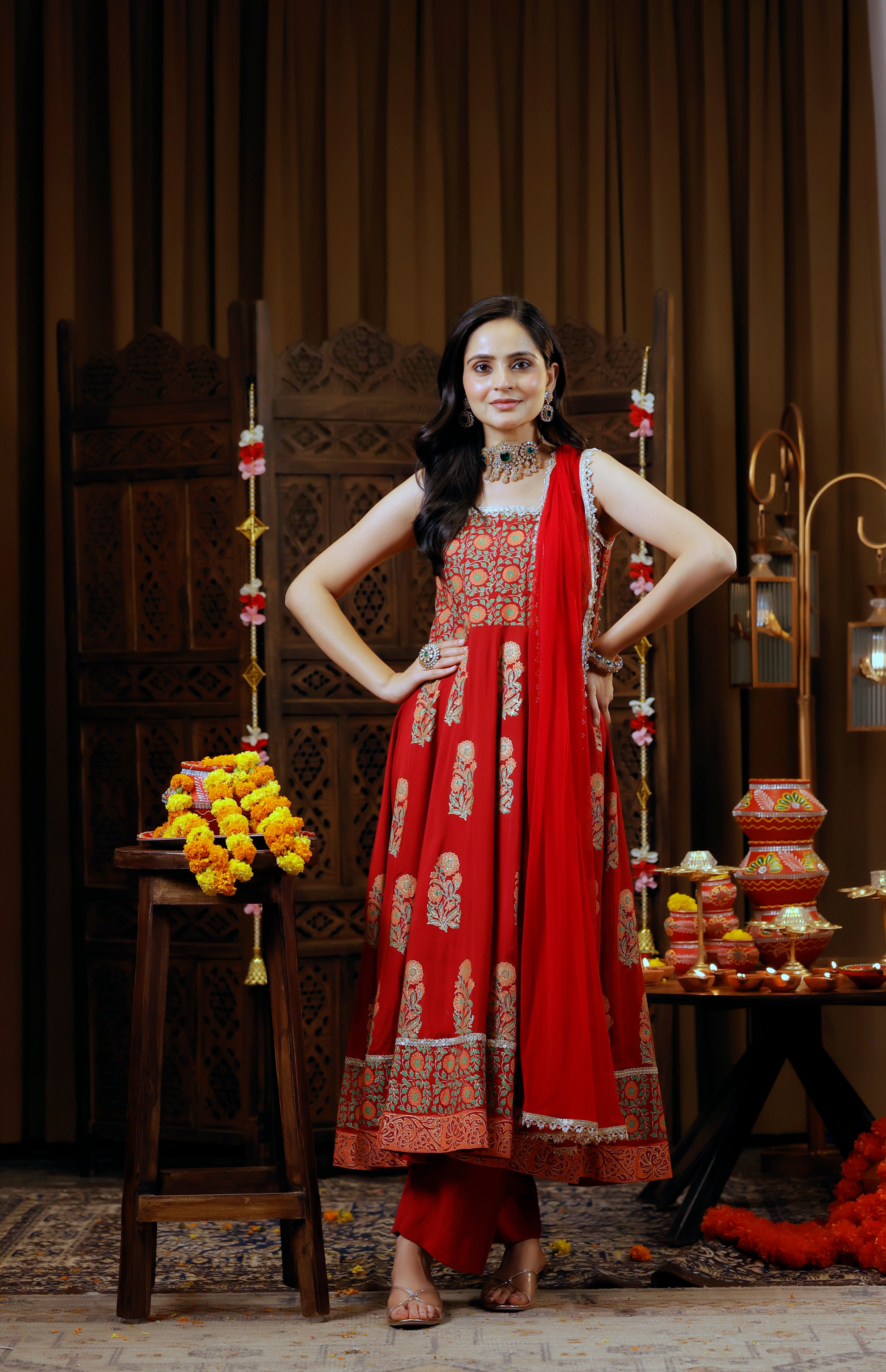 Viscose Shantoon Anarkali 3-Piece Set with Net Dupatta