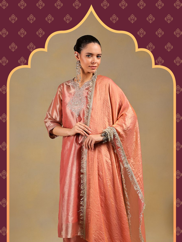 Blush Pink Tissue-Silk Suit Set with Zardozi Embroidery