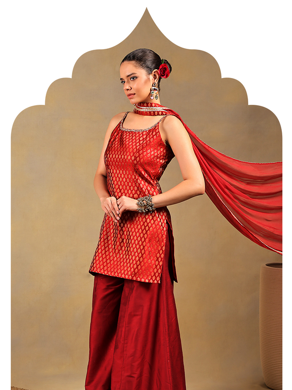 Maroon Brocade Short Kurti Set with Sharara Pants