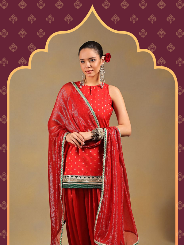 Bright Red Brocade Kurti Set with Pleated Salwar