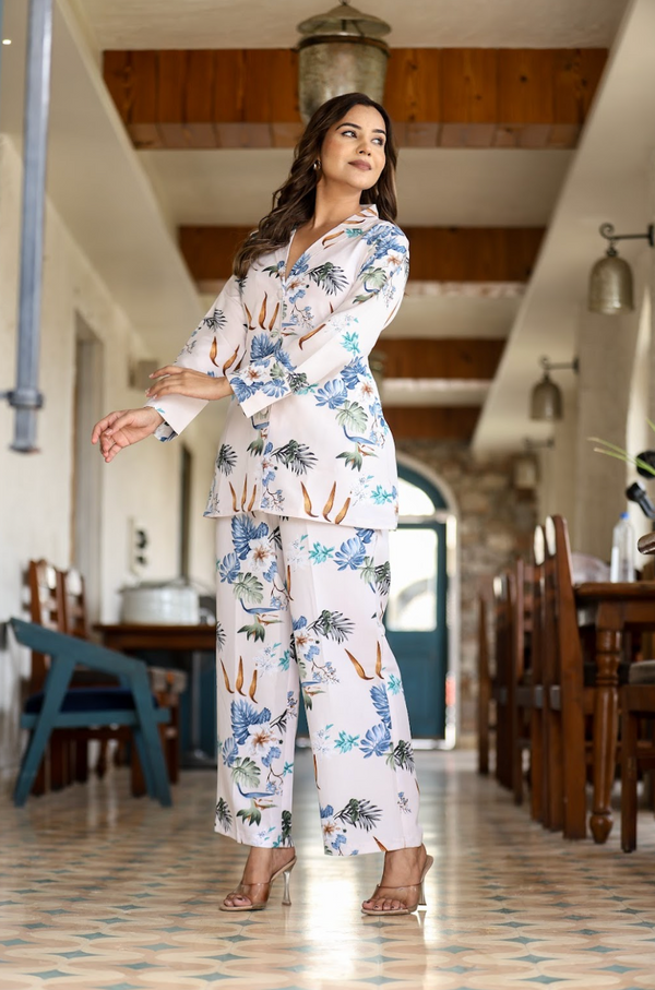 White Base Blue Print Coord Set