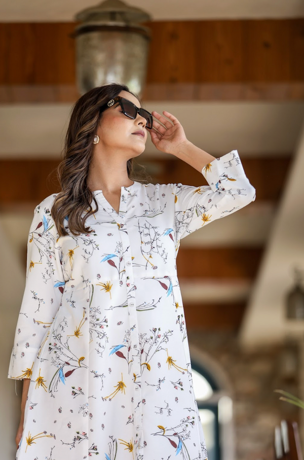 White Multi-Print Kurta in Natural Rayon