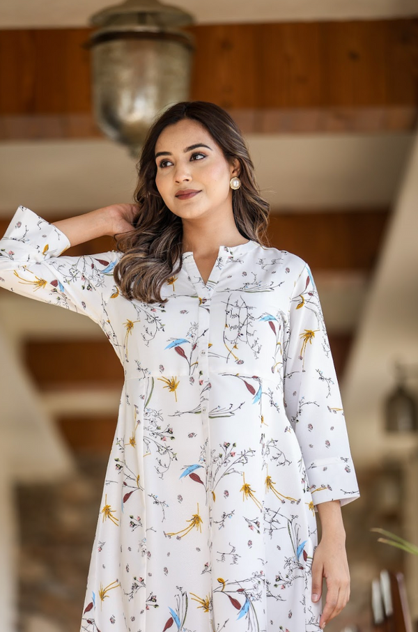 White Multi-Print Kurta in Natural Rayon