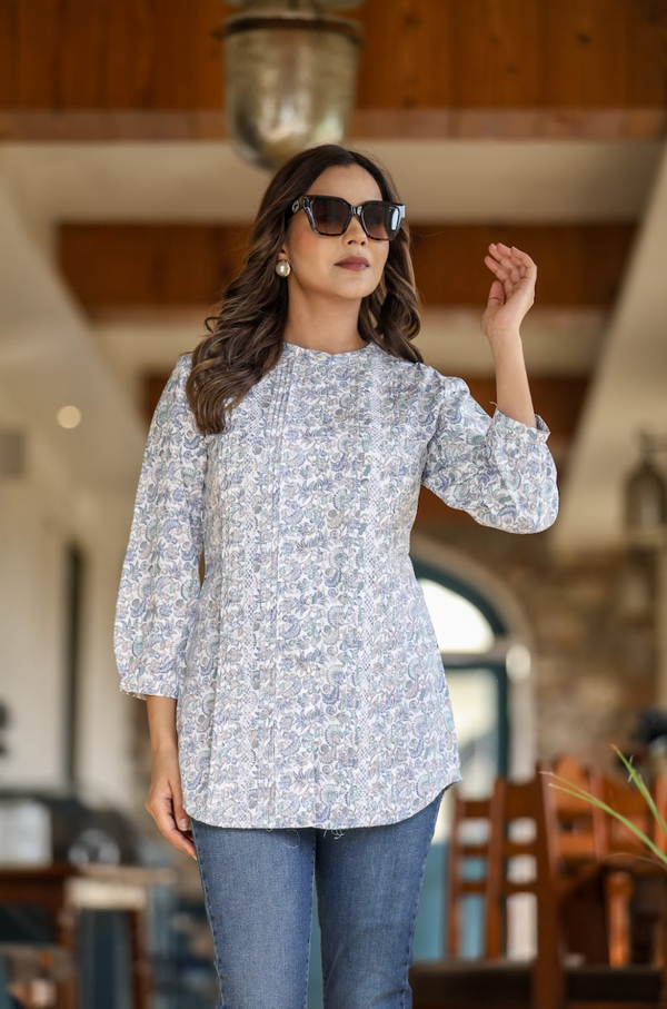 White Multi-Print Top in Natural Rayon