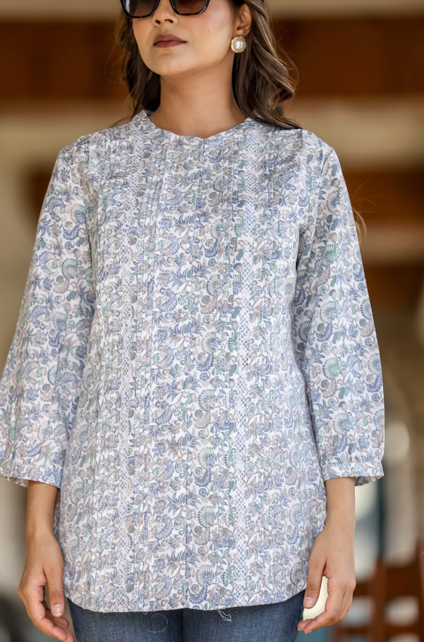 White Multi-Print Top in Natural Rayon