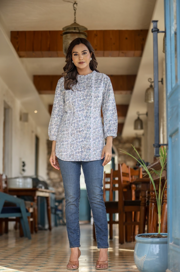 White Multi-Print Top in Natural Rayon