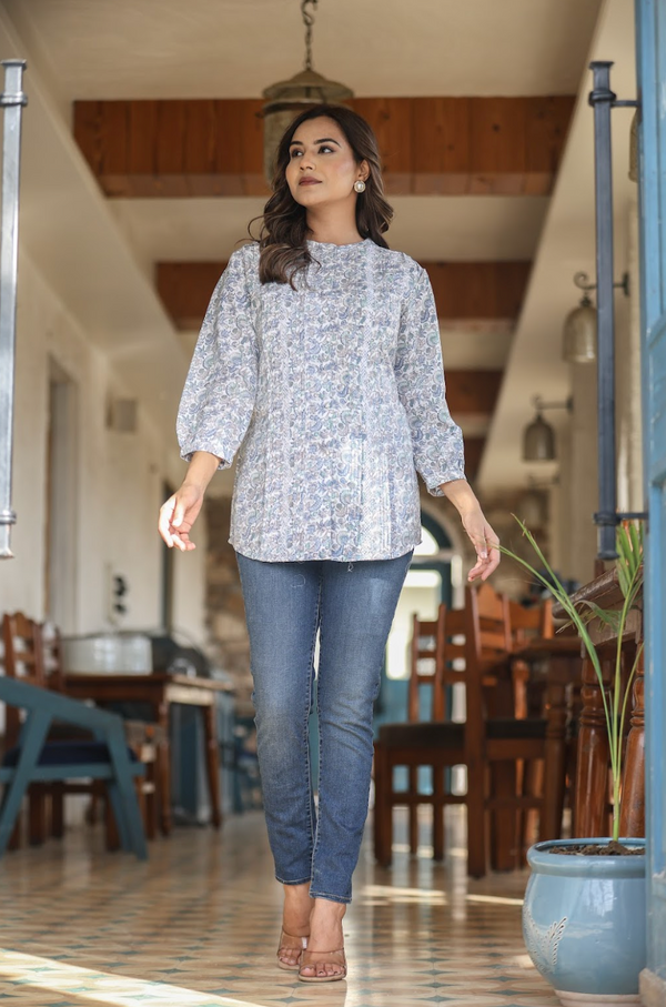 White Multi-Print Top in Natural Rayon