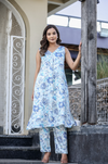 White & Blue Digital Print Coord Set in Gazzi Silk