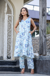 White & Blue Digital Print Coord Set in Gazzi Silk