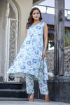 White & Blue Digital Print Coord Set in Gazzi Silk