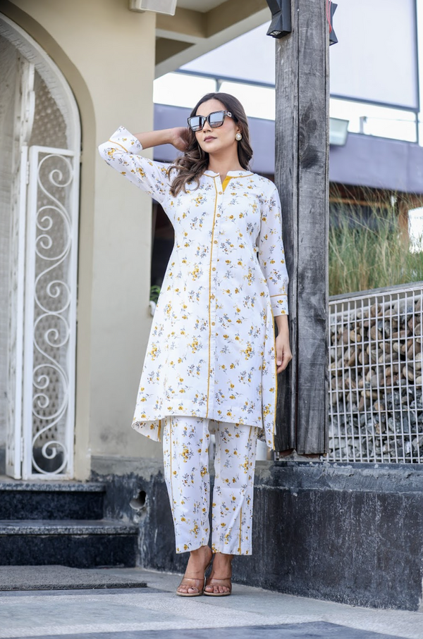 Yellow Printed Rayon 2-Piece Suit Set with Foil Accents