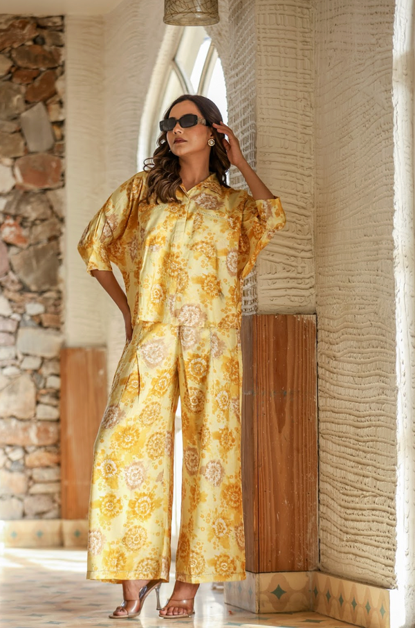 Yellow Printed Rayon 2-Piece Suit Set with Foil Accents