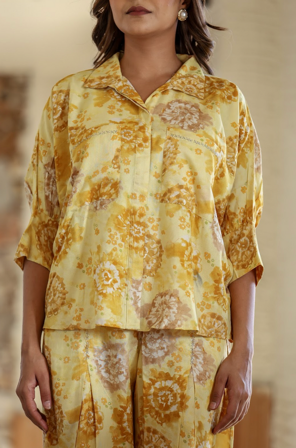 Yellow Printed Rayon 2-Piece Suit Set with Foil Accents