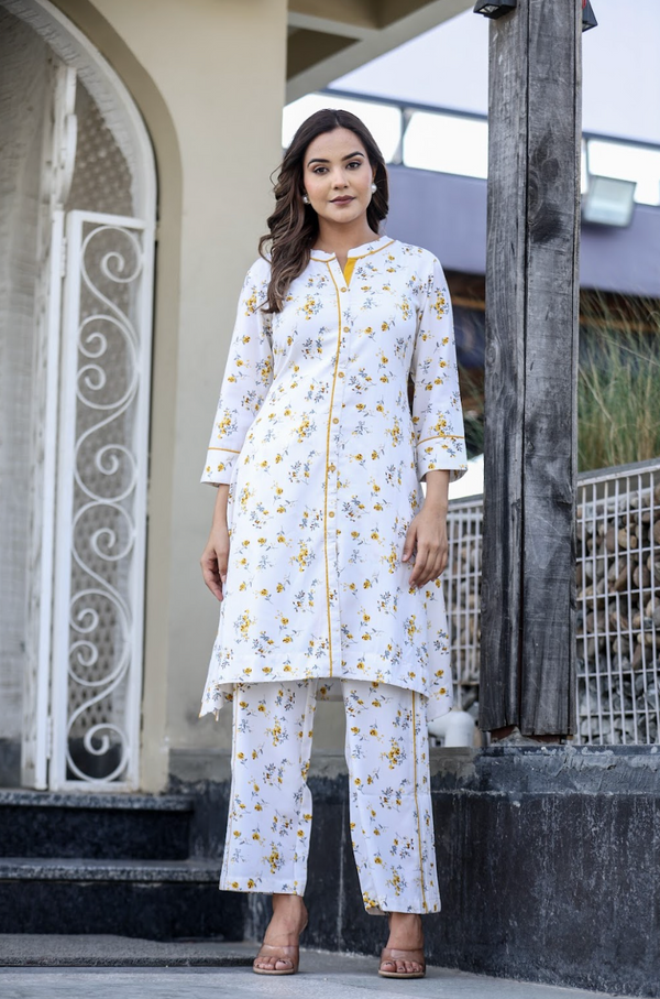 Yellow Printed Rayon 2-Piece Suit Set with Foil Accents