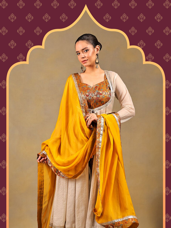 Mustard & Off-White Brocade Suit Set with Lace Jacket