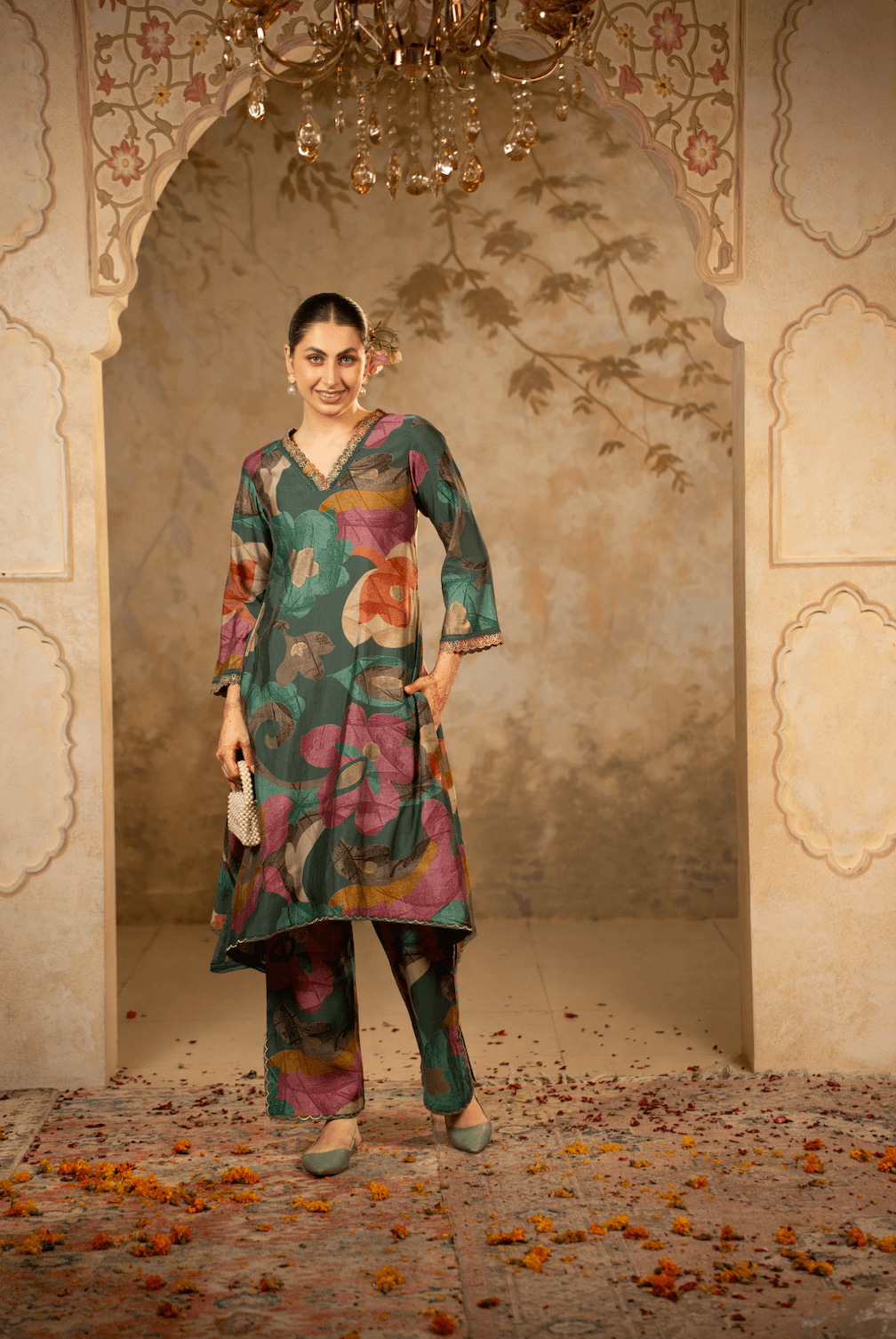 A-Line Kurta Set with Dupatta - Deep Teal Green