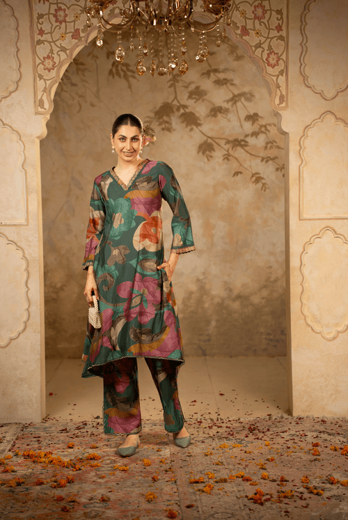 A-Line Kurta Set with Dupatta - Deep Teal Green