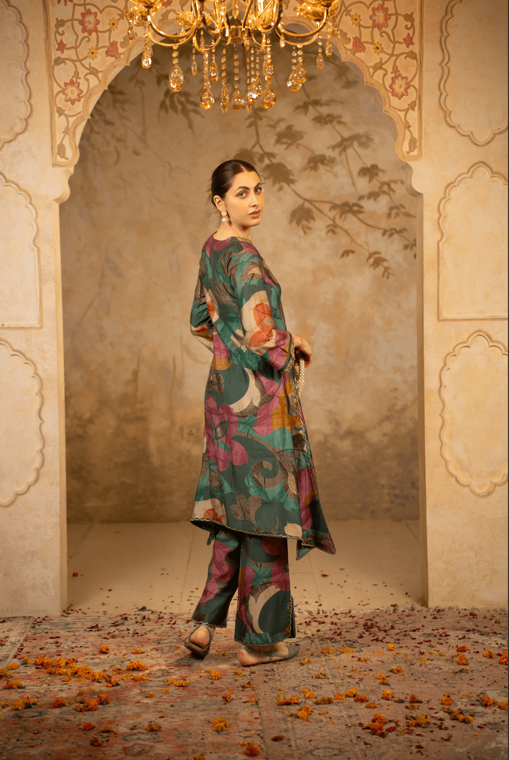 A-Line Kurta Set with Dupatta - Deep Teal Green