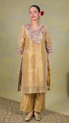 Golden Tissue-Silk Suit Set with Paisley Detailing